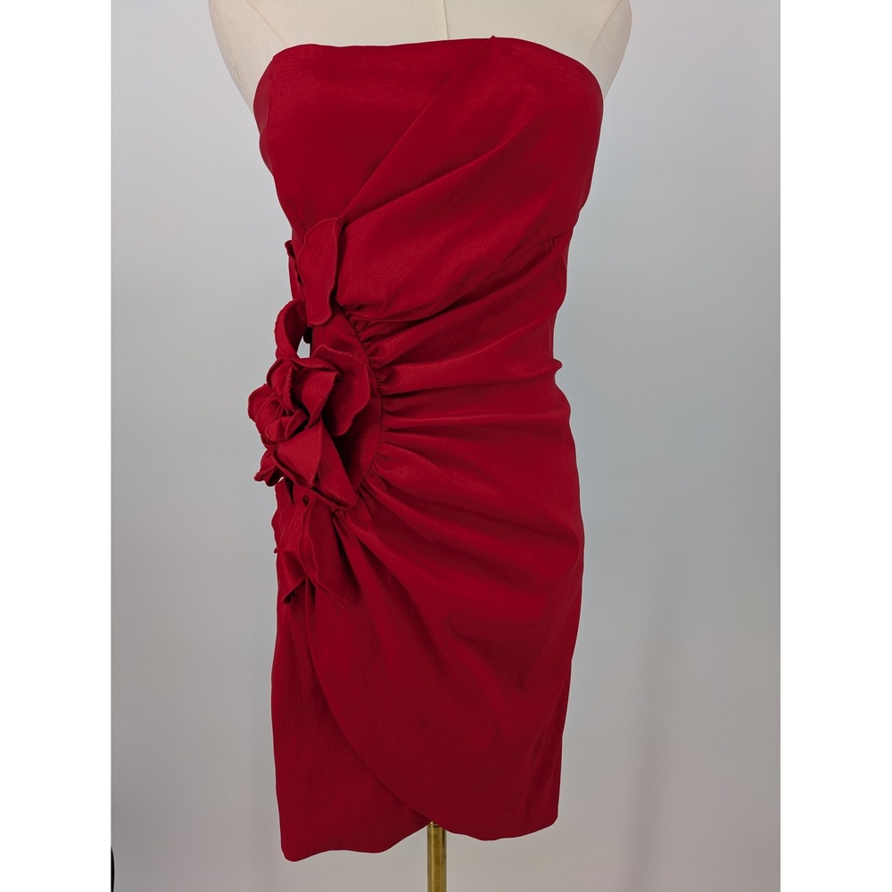 Cache Strapless Mini Dress Red Vintage 10 Est. 4‎ Floral Ruched Satin Y2K Wiggle